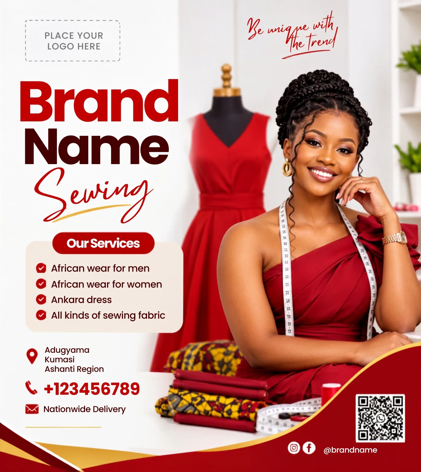 Free African Wear Tailor Flyer Canva Template – Red Sewing Business Editable Preview