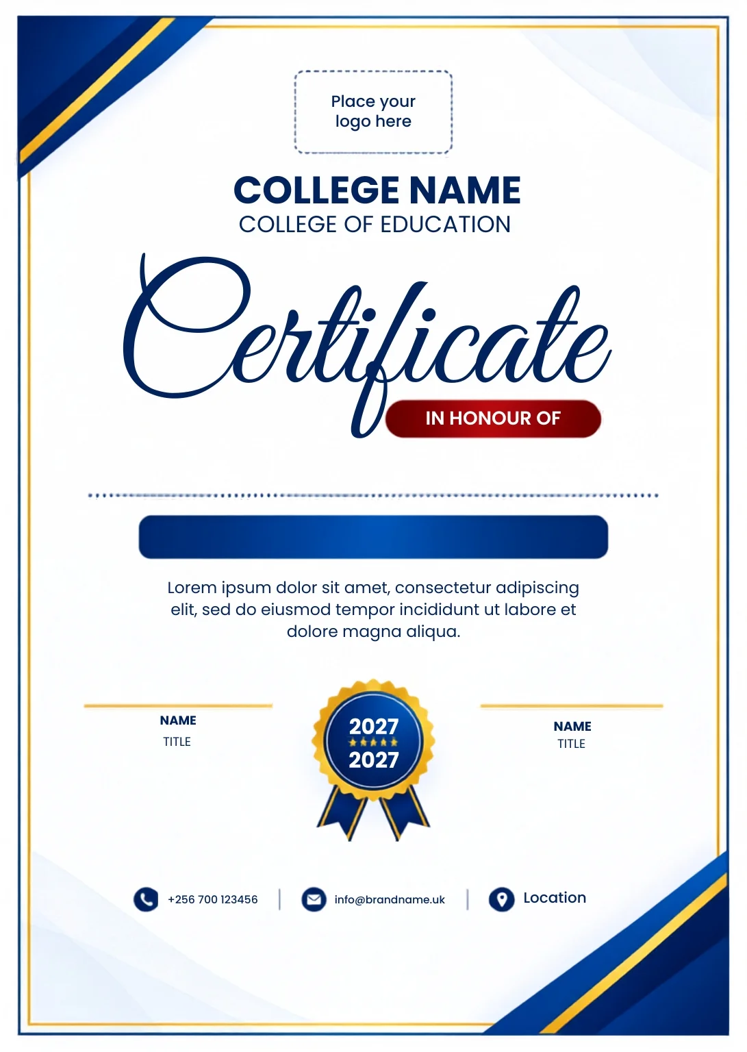 Free Certificate in Honour Canva Template – College Blue & Gold Editable Preview