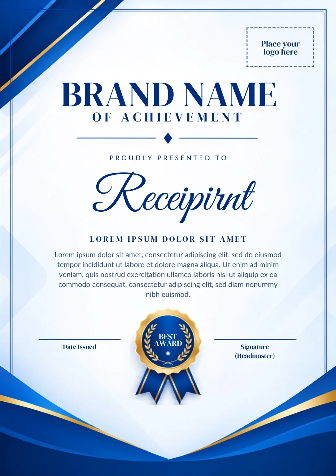 Free Certificate of Achievement Canva Template – Blue & Gold Portrait Editable Preview