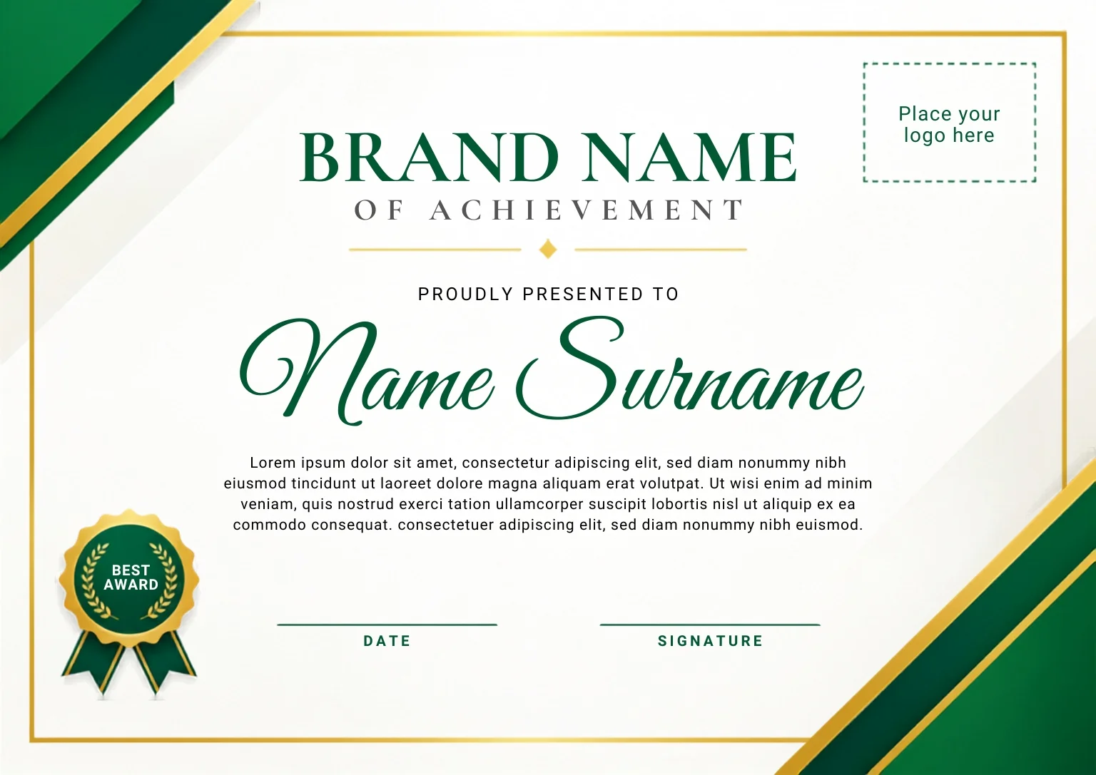 Free Certificate of Achievement Canva Template – Green & Gold Landscape Editable Preview