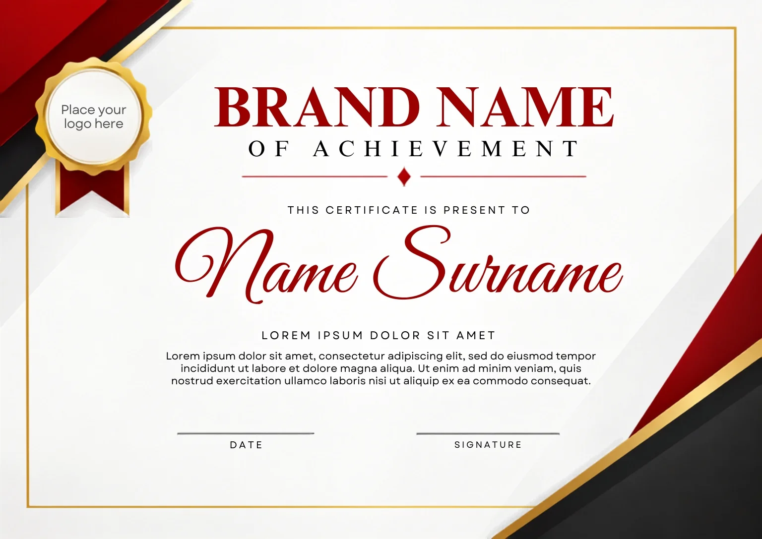 Free Certificate of Achievement Canva Template – Red, Black & Gold Landscape Editable Preview