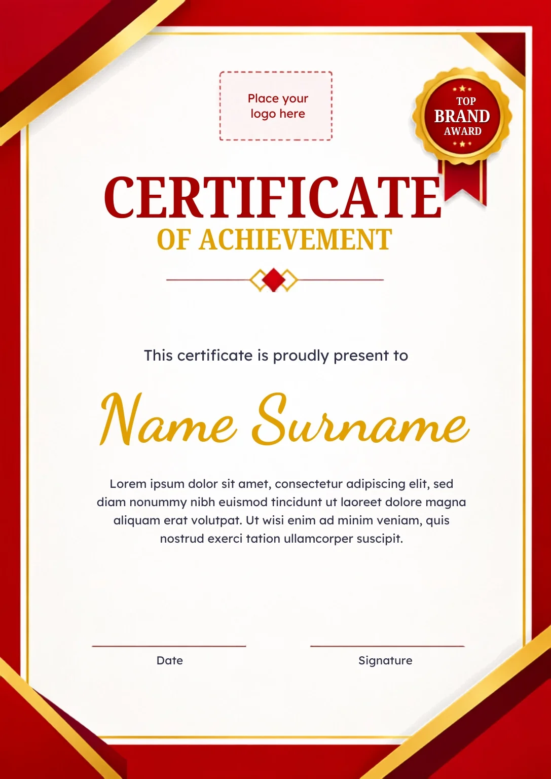 Free Certificate of Achievement Canva Template – Red & Gold Portrait Editable Preview