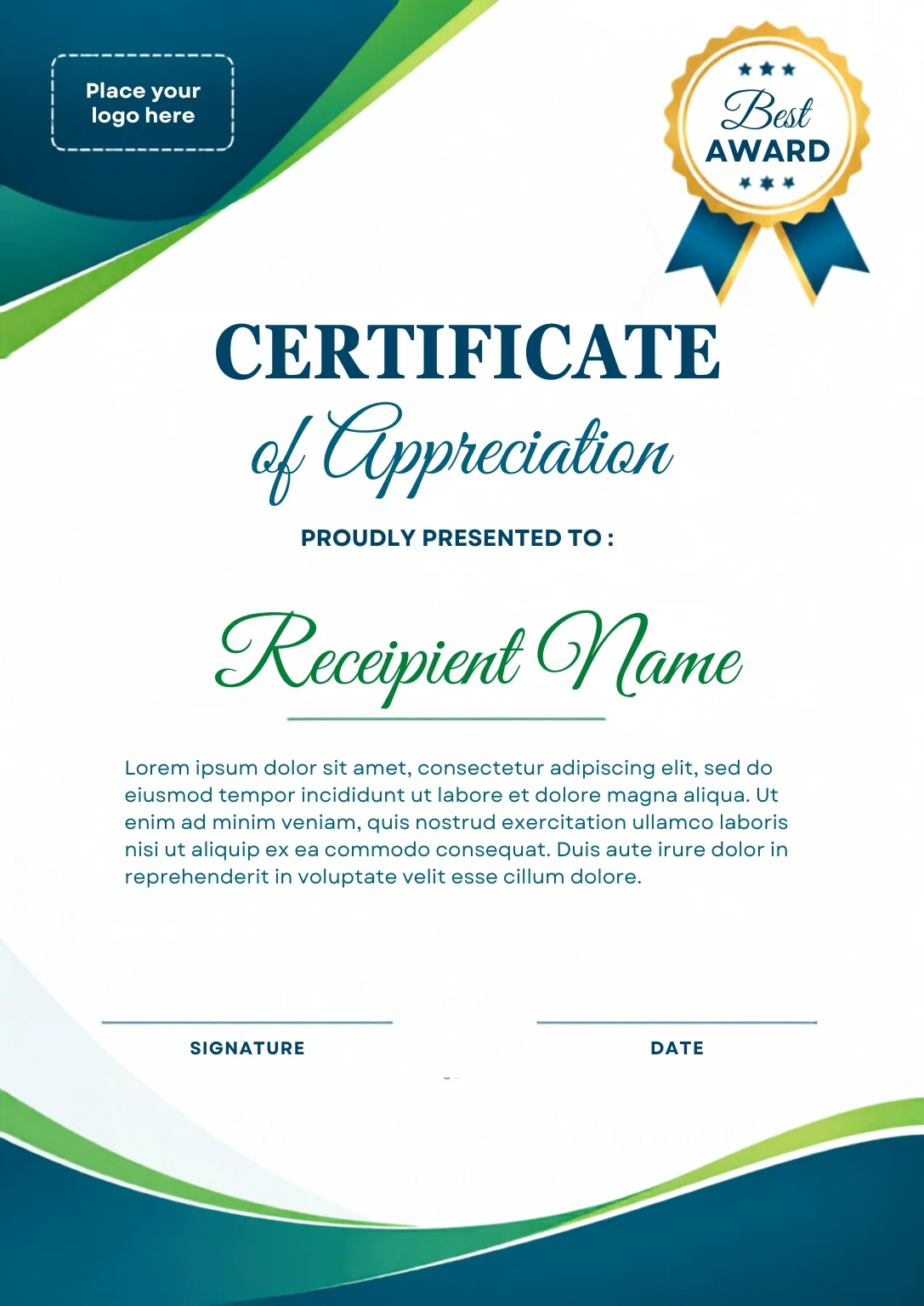 Free Certificate of Appreciation Canva Template – Green & Blue Modern Editable Preview