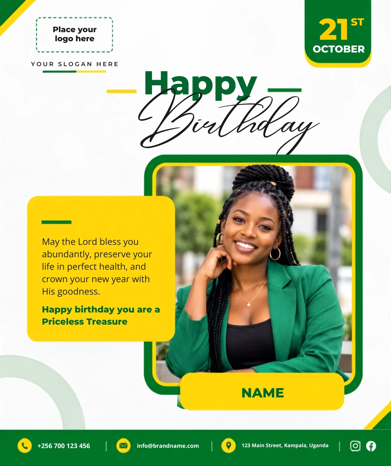 Free Christian Birthday Wishes Post Canva Template – Green & Gold Editable Preview