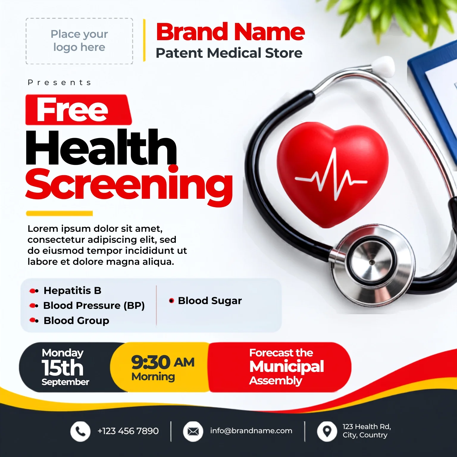 Free Health Screening Flyer Canva Template – Red & Yellow Editable Preview