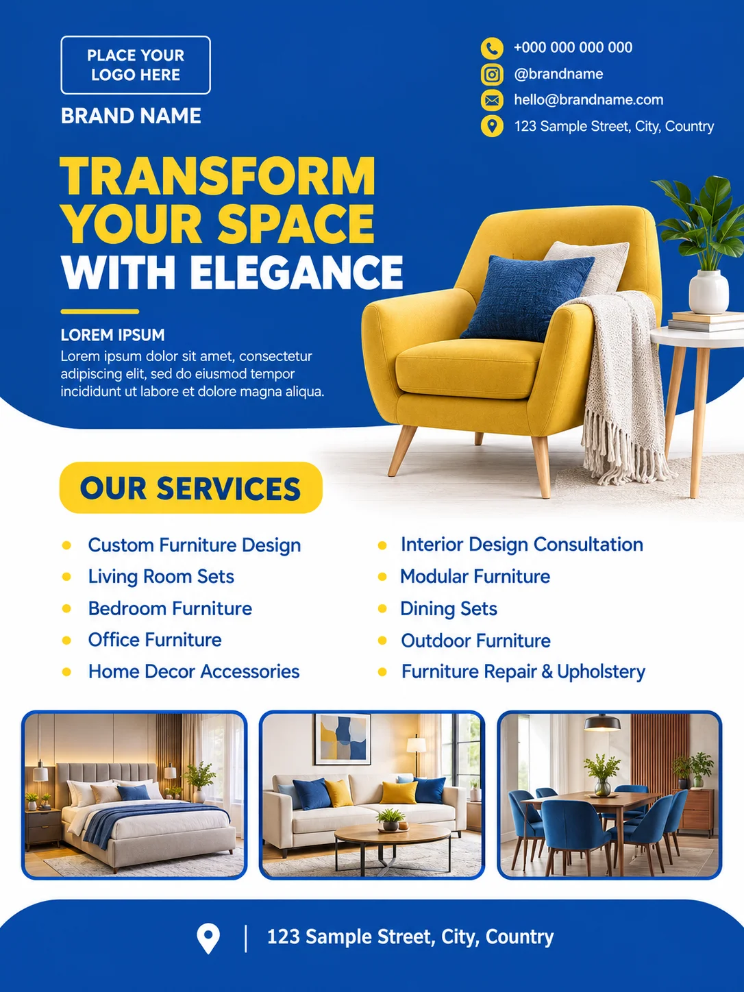 Free Furniture Services Flyer Canva Template – Blue & Yellow Editable Preview