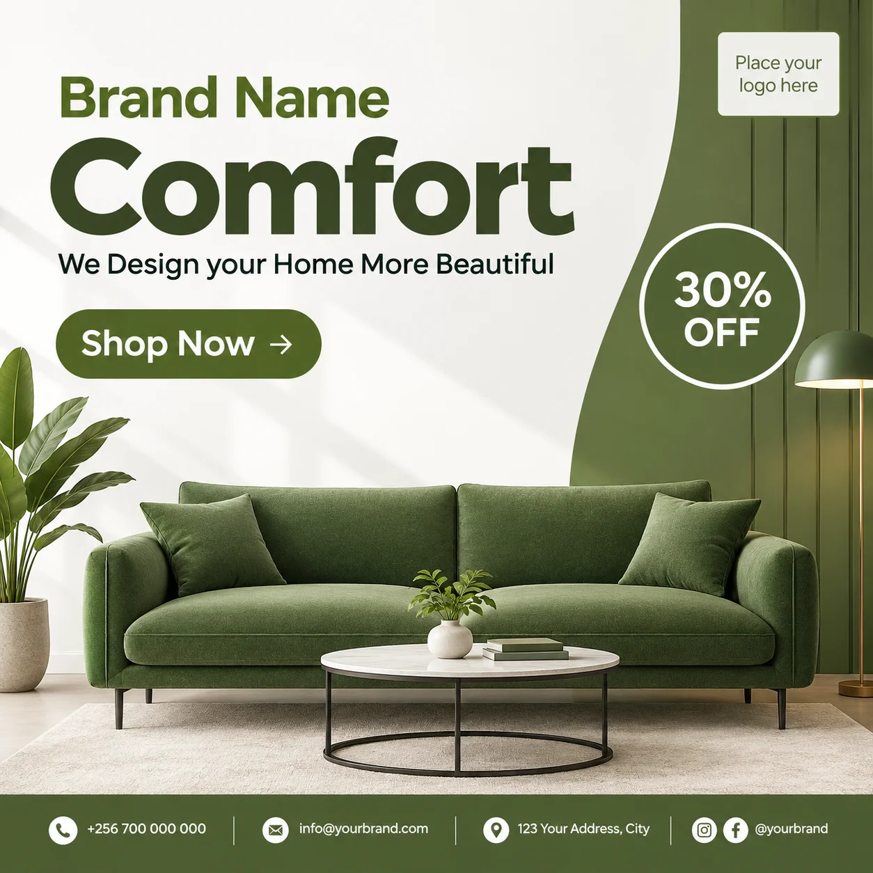 Free Home Furniture Sale Post Canva Template – Olive Green Sofa Editable Preview