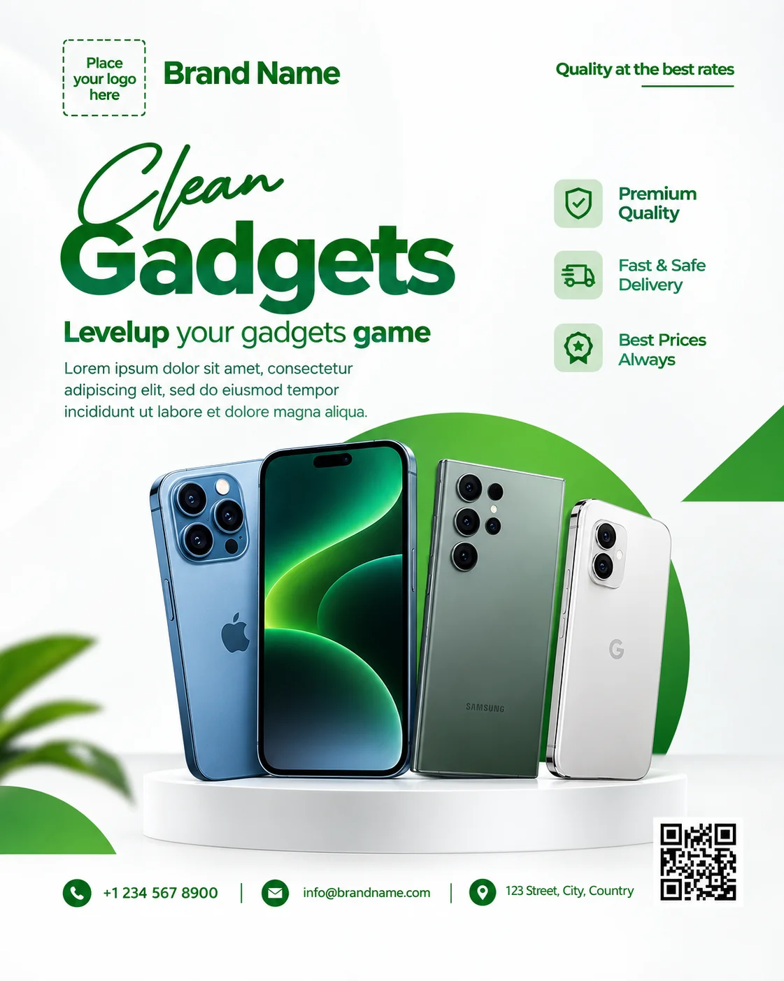 Free Mobile Phone Store Flyer Canva Template – Green Gadgets Editable Preview
